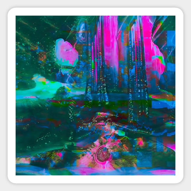 MY CITY Neon Glitch Cyberpunk Noir Art Sticker by raspberry-tea